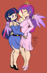 Size: 875x1354 | Tagged: safe, artist:danmakuman, artist:ponyguy67, princess cadance, twilight sparkle, human, g4, :o, clothes, colored, dancing, dress, eyes closed, high heels, humanized, smiling, twilight sparkle (alicorn)