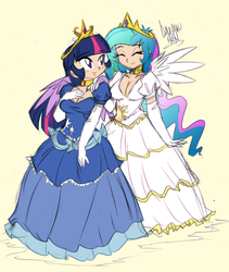 Size: 1216x1442 | Tagged: safe, artist:danmakuman, artist:ponyguy67, princess celestia, twilight sparkle, human, g4, clothes, colored, dress, humanized, twilight sparkle (alicorn)