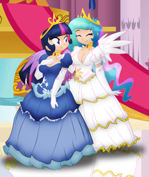 Size: 1216x1442 | Tagged: safe, artist:danmakuman, artist:ponyguy67, princess celestia, twilight sparkle, human, g4, clothes, colored, dress, humanized, twilight sparkle (alicorn)