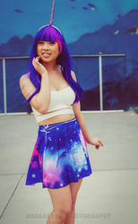 Size: 593x960 | Tagged: safe, twilight sparkle, human, g4, cleavage, clothes, cosplay, female, irl, irl human, midriff, photo, skirt, tank top