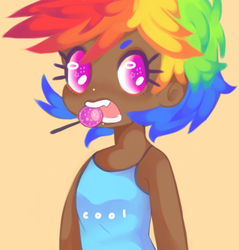 Size: 500x522 | Tagged: safe, artist:furbe, rainbow dash, human, g4, clothes, dark skin, humanized, lollipop, tank top