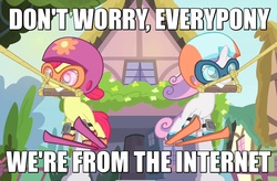 Size: 800x525 | Tagged: safe, screencap, apple bloom, sweetie belle, flight to the finish, g4, caption, door, goggles, helmet, house, image macro, internet, knee pads, meme, mouth hold, skiing, skis, teeth, window