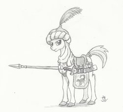 Size: 1743x1585 | Tagged: safe, artist:sensko, saddle arabian, armor, grayscale, lance, monochrome, pencil drawing, saddle, scimitar, soldier, solo, spear, traditional art, weapon