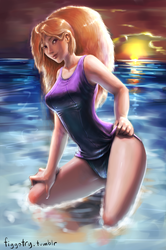 Size: 600x904 | Tagged: safe, artist:figgot, adagio dazzle, human, g4, clothes, female, humanized, ocean, one-piece swimsuit, school swimsuit, solo, sunset, swimsuit