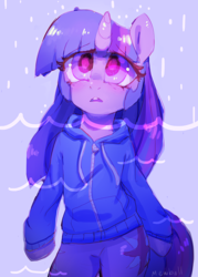 Size: 559x782 | Tagged: safe, artist:mewball, twilight sparkle, pony, semi-anthro, g4, about to cry, bipedal, clothes, female, frown, hoodie, rain, sad, solo