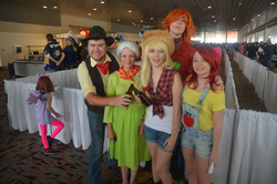 Size: 4928x3264 | Tagged: safe, apple bloom, applejack, big macintosh, braeburn, granny smith, human, bronycon, bronycon 2014, g4, absurd resolution, apple family, clothes, cosplay, costume, irl, irl human, photo