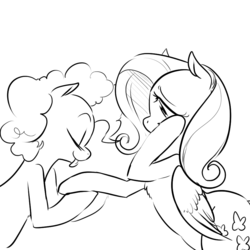 Size: 900x900 | Tagged: safe, artist:glacierclear, fluttershy, pinkie pie, g4, eyes closed, female, hoof licking, lesbian, licking, monochrome, ship:flutterpie, shipping, tongue out