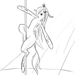 Size: 900x900 | Tagged: safe, artist:glacierclear, queen chrysalis, changeling, changeling queen, g4, bedroom eyes, cheeselegs, fangs, female, grayscale, hair over one eye, missing horn, monochrome, open mouth, pole dancing, smiling, solo