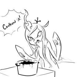 Size: 900x900 | Tagged: safe, artist:glacierclear, queen chrysalis, changeling, changeling queen, g4, cooking, cooking pot, female, monochrome, solo