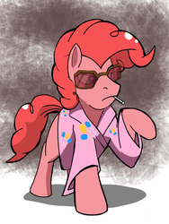 Size: 1536x2048 | Tagged: safe, artist:samoht-lion, pinkie pie, earth pony, pony, g4, abstract background, candy, clothes, crossover, cutie mark on clothes, female, fight club, food, lollipop, mare, raised hoof, solo, sunglasses