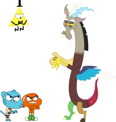Size: 12642x13334 | Tagged: dead source, safe, artist:birdalliance, discord, g4, absurd resolution, bill cipher, crossover, darwin watterson, gravity falls, gumball watterson, magic dorito, male, simple background, the amazing world of gumball, transparent background, vector