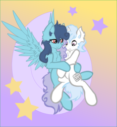 Size: 698x751 | Tagged: safe, artist:darabirb, artist:php166, oc, oc only, oc:feather paint, oc:pocket dial, pegasus, pony, unicorn, collaboration, dreamboat, shipping
