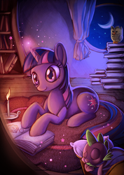 Size: 1024x1448 | Tagged: safe, artist:sprucie, owlowiscious, spike, twilight sparkle, owl, pony, unicorn, g4, book, bookhorse, candle, glowing, glowing horn, golden oaks library, horn, magic, moon, night, prone, sleeping, smiling, that pony sure does love books, unicorn twilight