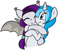 Size: 2056x1772 | Tagged: safe, artist:furrgroup, oc, oc only, oc:bubble lee, oc:sweet hum, bat pony, pony, unicorn, cute, duo, freckles, hug, simple background, smiling, white background