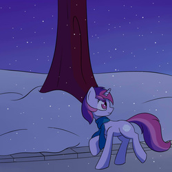 Size: 900x900 | Tagged: safe, artist:floret, oc, oc only, pony, unicorn, clothes, scarf, snow, snowfall, solo, tree, winter