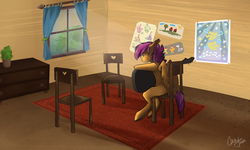 Size: 1200x720 | Tagged: safe, artist:casynuf, scootaloo, g4, bass guitar, blank flank, chair, clubhouse, female, musical instrument, older, scootabass, sitting, solo