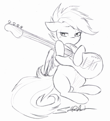 Size: 3719x4084 | Tagged: dead source, safe, artist:spittfireart, scootaloo, pegasus, pony, g4, bass guitar, blank flank, female, filly, floppy ears, foal, grayscale, holding, hoof hold, lidded eyes, monochrome, musical instrument, scootabass, signature, simple background, sitting, solo, white background, wings