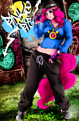 Size: 1242x1920 | Tagged: safe, artist:animeclaro, pinkie pie, human, anthro, plantigrade anthro, g4, belly button, breasts, busty pinkie pie, eared humanization, female, graffiti, humanized, midriff, rapper pie, solo, tailed humanization