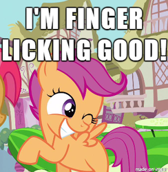 Size: 319x327 | Tagged: safe, edit, edited screencap, screencap, babs seed, scootaloo, pegasus, pony, g4, cannibalism joke, caption, female, filly, finger licking good, image macro, implied cannibalism, innuendo, kfc, meme, scootachicken, wink