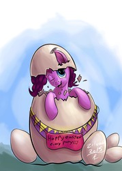 Size: 3567x4984 | Tagged: safe, artist:zilvart, pinkie pie, earth pony, pony, g4, absurd resolution, easter, easter egg, egg, female, looking at you, shell, signature, silly, silly pony, solo, wink