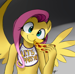Size: 784x771 | Tagged: safe, artist:supermare, fluttershy, anthro, g4, chica, chicashy, crossover, female, five nights at freddy's, flutterchica, food, looking at you, meat, pepperoni, pepperoni pizza, pizza, solo, toy chica