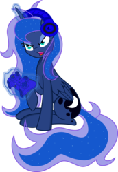 Size: 5000x7263 | Tagged: safe, artist:kamyk962, princess luna, alicorn, pony, gamer luna, g4, absurd resolution, angry, controller, female, frustrated, glare, headset, magic, mare, missing accessory, raised hoof, simple background, sitting, solo, telekinesis, transparent background, vector