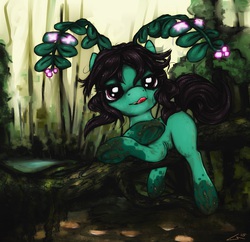 Size: 1010x976 | Tagged: safe, artist:darkstylerz, oc, oc only, oc:fernie, dirty, fern, forest, freckles, hanging, hooves, solo, swamp, tongue out, tree branch, underhoof