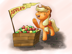 Size: 1920x1440 | Tagged: safe, artist:filpapersoul, applejack, g4, apple, apple stand, box, buy some apples, cute, ear fluff, eyes closed, female, flag, jackabetes, open mouth, solo, that pony sure does love apples, underhoof, yelling