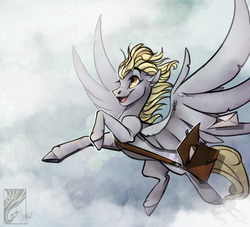 Size: 1024x931 | Tagged: safe, artist:casynuf, derpy hooves, pegasus, pony, g4, female, flying, letter, mailbag, mailmare, mare, solo