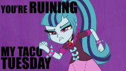 Size: 500x281 | Tagged: safe, edit, screencap, sonata dusk, equestria girls, g4, my little pony equestria girls: rainbow rocks, angry, female, frown, image macro, inverted mouth, meme, solo, sonata dusk is not amused, sonataco, taco tuesday, text, that girl sure loves tacos, that siren sure does love tacos, the man they call ghost, true capitalist radio, unamused