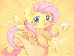 Size: 512x387 | Tagged: safe, artist:miki 14, fluttershy, human, pegasus, pony, g4, blushing, cute, hand, in goliath's palm, no nose, offscreen character, sweatdrop