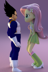 Size: 720x1080 | Tagged: safe, artist:3d thread, artist:creatorofpony, fluttershy, equestria girls, g4, 3d, 3d model, armor, blender, boots, clothes, crossover, dragon ball, dragon ball z, eye contact, glare, high heel boots, skirt, smiling, socks, tank top, vegeta