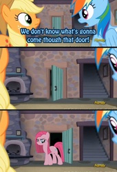 Size: 436x640 | Tagged: safe, applejack, pinkie pie, rainbow dash, g4, my little pony: friendship is magic, the cutie map, exploitable meme, meme, pinkamena diane pie, that door, this will end in tears and/or death