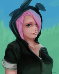 Size: 1200x1500 | Tagged: safe, artist:chickhawk96, fluttershy, human, g4, bunny ears, clothes, costume, dangerous mission outfit, female, hoodie, humanized, looking at you, solo