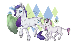 Size: 1664x967 | Tagged: safe, artist:royvdhel-art, rarity, sweetie belle, classical unicorn, pony, unicorn, g4, abstract background, duo, duo female, fabric, female, filly, horn, leonine tail, mare, simple background, sisters, thread