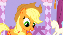 Size: 1366x768 | Tagged: safe, screencap, applejack, g4, suited for success, female, hat, smiling, solo