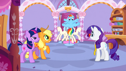 Size: 1366x768 | Tagged: safe, screencap, applejack, rainbow dash, rarity, twilight sparkle, g4, suited for success, measuring tape