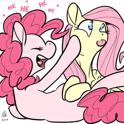Size: 1200x1200 | Tagged: safe, artist:rwl, fluttershy, pinkie pie, earth pony, pegasus, pony, g4, :p, cheek squish, cute, diapinkes, eyes closed, female, laughing, lesbian, mare, no pupils, on side, open mouth, ship:flutterpie, shipping, shyabetes, silly face, simple background, smiling, squishy cheeks, tongue out, white background, wide eyes