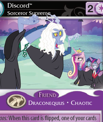 Size: 338x399 | Tagged: safe, enterplay, discord, princess cadance, twilight sparkle, alicorn, pony, absolute discord, g4, my little pony collectible card game, three's a crowd, cadance is not amused, ccg, clothes, cosplay, costume, doctor strange, female, glasses, gryffindor, harry potter (series), jk rowling, mare, necktie, parody, ravenclaw, robe, severus snape, slytherin, twilight sparkle (alicorn), twilight sparkle is not amused, unamused, wizard robe