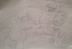 Size: 2250x1534 | Tagged: safe, applejack, gummy, pinkie pie, g4, monochrome, this will not end well, traditional art