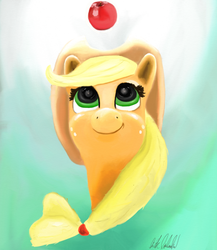Size: 900x1038 | Tagged: safe, artist:monsieurmcpherson, applejack, g4, apple, female, looking up, smiling, solo