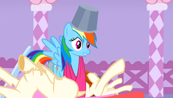 Size: 1366x768 | Tagged: safe, screencap, rainbow dash, g4, suited for success, bucket, bucketdash, female, solo