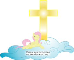 Size: 642x518 | Tagged: safe, artist:a-christian-brony, fluttershy, g4, christianity, cloud, cross, female, religion, solo, text