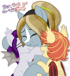 Size: 817x877 | Tagged: safe, artist:tambelon, oc, oc only, oc:bedtime story, oc:crisp air, oc:sweet hum, bat pony, crystal pony, pony, colt, crying, cute, female, filly, foal, hug, male, mare, mother, mother and daughter, mother and son, obtrusive watermark, ponysona, simple background, tears of joy, transparent background, watermark