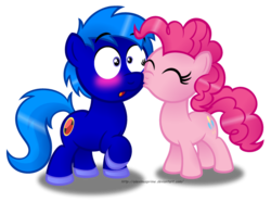 Size: 1024x763 | Tagged: safe, artist:aleximusprime, pinkie pie, oc, oc:rob stallion, g4, blushing, canon x oc, commission, kissing, shipping, simple background, transparent background