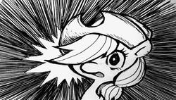 Size: 1024x580 | Tagged: safe, artist:yamakurayamada, applejack, g4, female, grayscale, monochrome, reaction image, solo