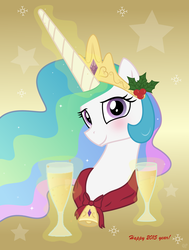 Size: 2500x3306 | Tagged: safe, artist:roze23, princess celestia, alicorn, pony, g4, alcohol, blushing, champagne, cute, cutelestia, female, happy new year, happy new year 2015, high res, holly, magic, mare, solo, telekinesis, wine