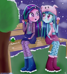 Size: 4000x4360 | Tagged: safe, artist:vixelzf, aria blaze, sonata dusk, equestria girls, g4, my little pony equestria girls: rainbow rocks, absurd resolution, alternate hairstyle, ariabetes, bench, blushing, boots, clothes, cute, eye contact, female, friendship, hat, hot chocolate, lesbian, looking at each other, night, open mouth, scarf, ship:arisona, shipping, sitting, skirt, smiling, snow, snow cone, snowfall, sonatabetes, tree, winter, winter outfit
