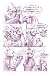 Size: 900x1362 | Tagged: safe, artist:moonlitbrush, derpy hooves, spike, twilight sparkle, alicorn, pony, comic:unintentionally spreading happiness, g4, annoyed, comic, female, gem, glare, mare, monochrome, pouting, puffy cheeks, scowl, spanish, tall, translation, translator:the-luna-fan, twilight sparkle (alicorn)