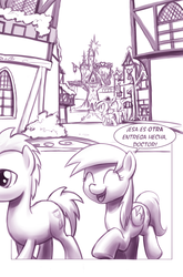 Size: 900x1362 | Tagged: safe, artist:moonlitbrush, derpy hooves, doctor whooves, time turner, pegasus, pony, comic:unintentionally spreading happiness, g4, comic, cute, cute face, female, mare, monochrome, ponyville, spanish, tenth doctor, translation, translator:the-luna-fan, twilight's castle